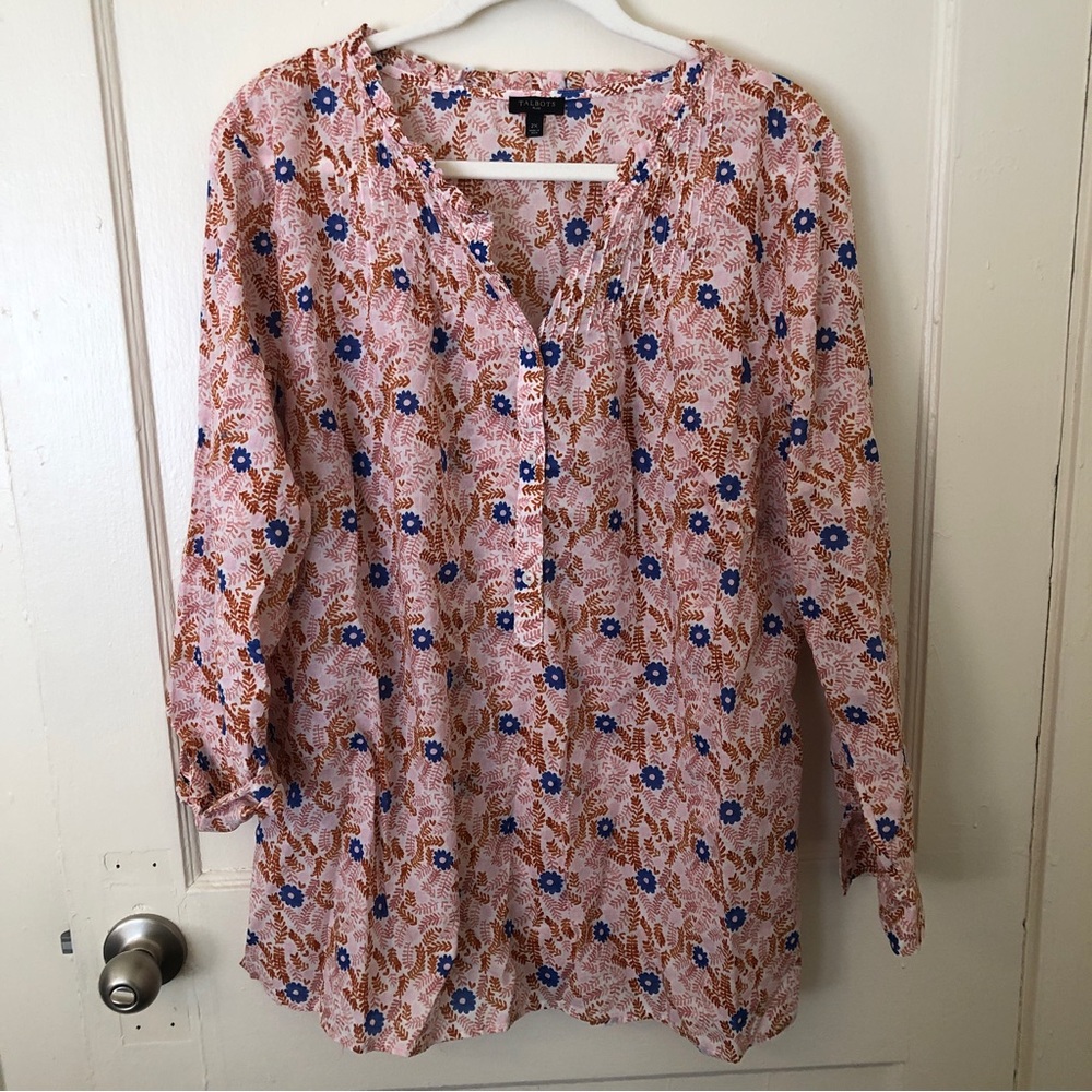 Talbots Pink Floral Button-Front Blouse with Blue and Brown Accents